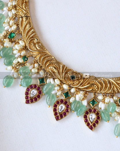 Premium Designer Kemp & Mint Beads Hasli with Jhumka