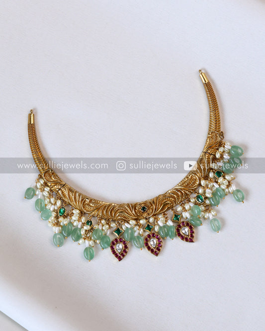Premium Designer Kemp & Mint Beads Hasli with Jhumka