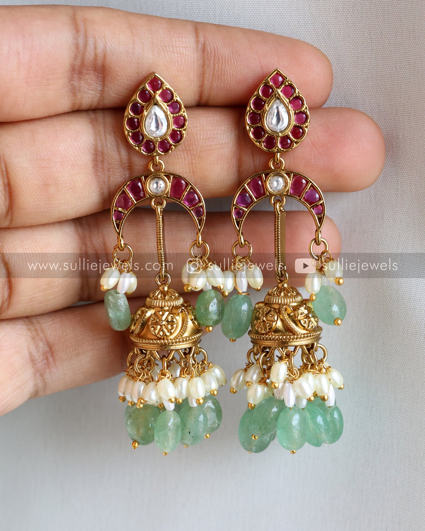Premium Designer Kemp & Mint Beads Hasli with Jhumka