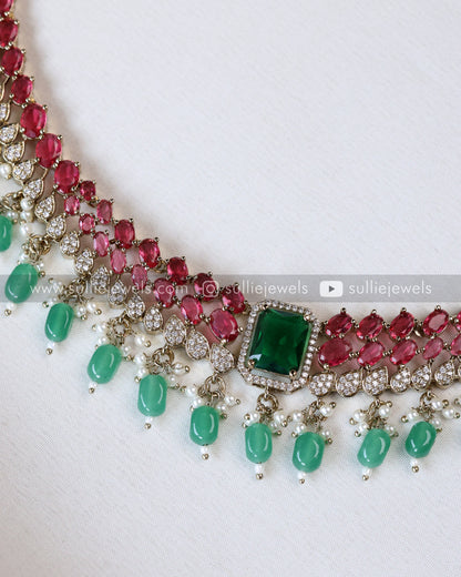 Designer Emerald & Ruby Stone Necklace with Earring