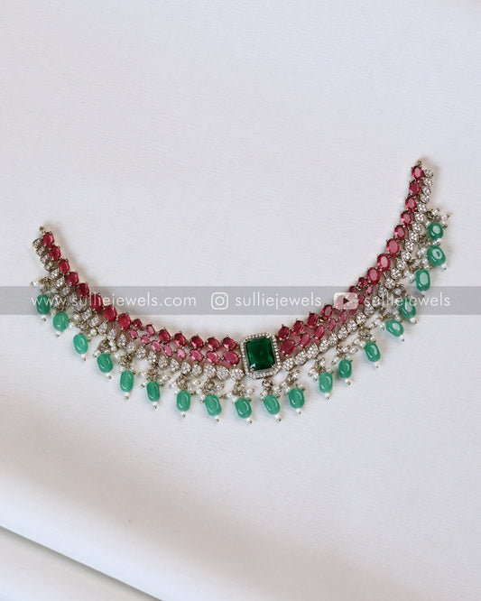 Designer Emerald & Ruby Stone Necklace with Earring
