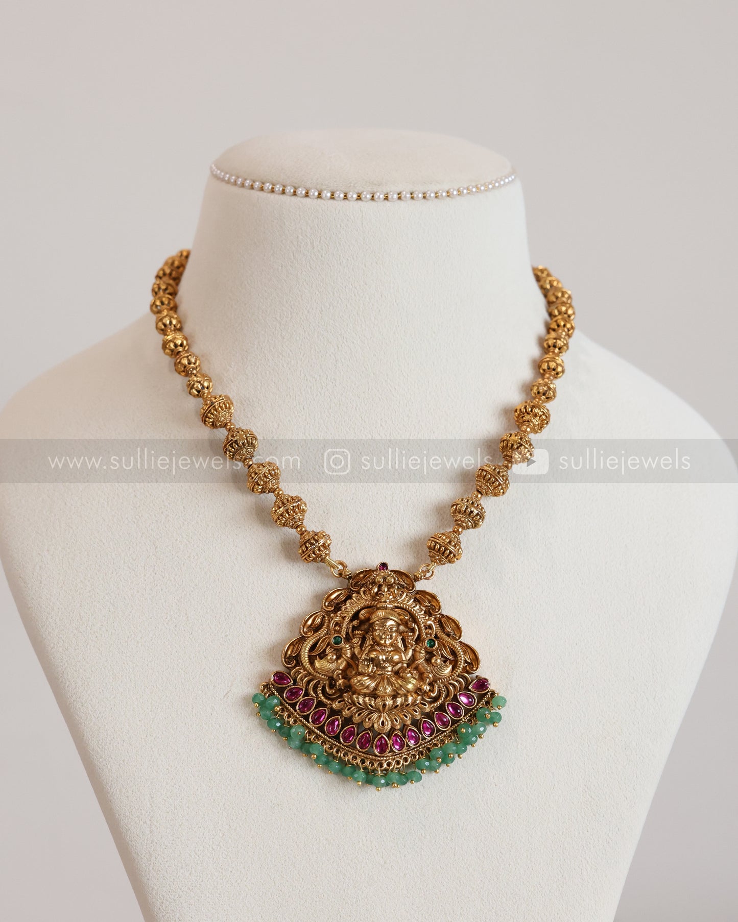 6064 - Sullie Basic - Goddess Pink Stone Mint Beads Ball Chain Pendant with Jhumka