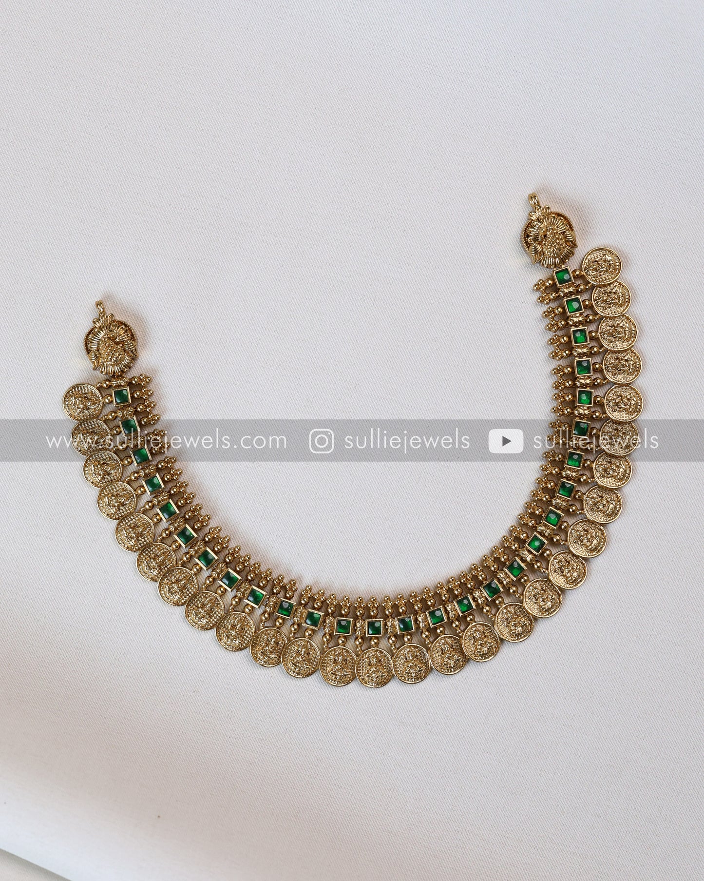 Green Stone Coin Necklace with Gold Jhumka