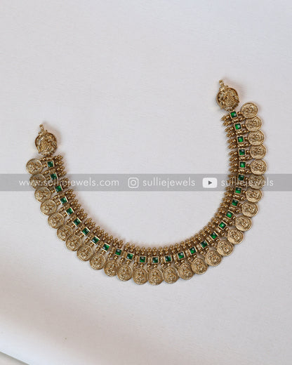 Green Stone Coin Necklace with Gold Jhumka