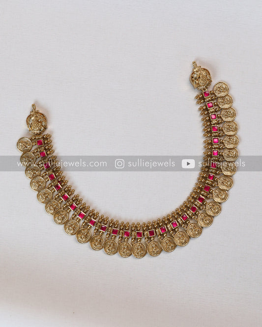 Pink Stone Coin Necklace with Gold Jhumka