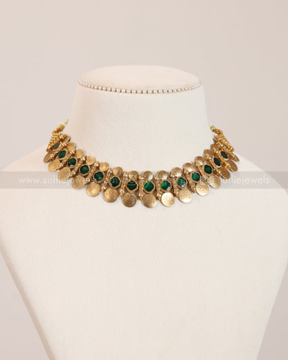3853 - Sullie Basic - Green Stone Coin Necklace with Stud