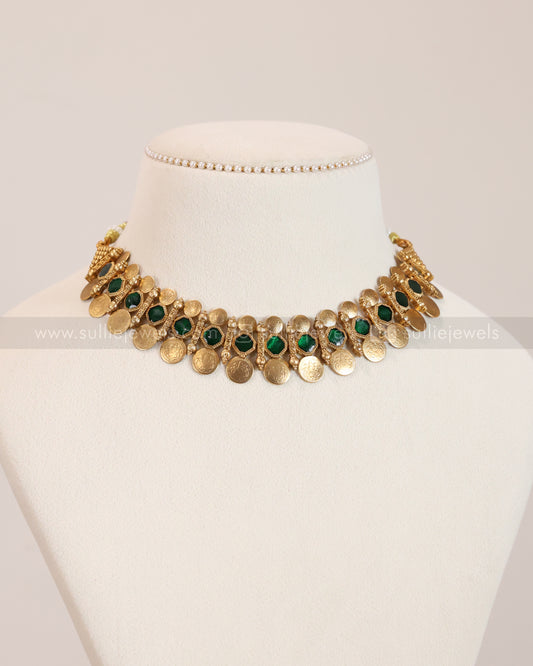 3853 - Sullie Basic - Green Stone Coin Necklace with Stud