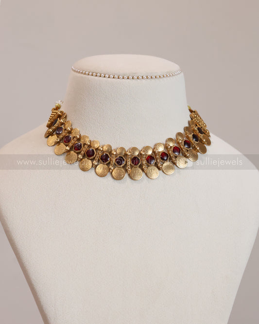 3841 - Sullie Basic - Red Stone Coin Necklace with Stud
