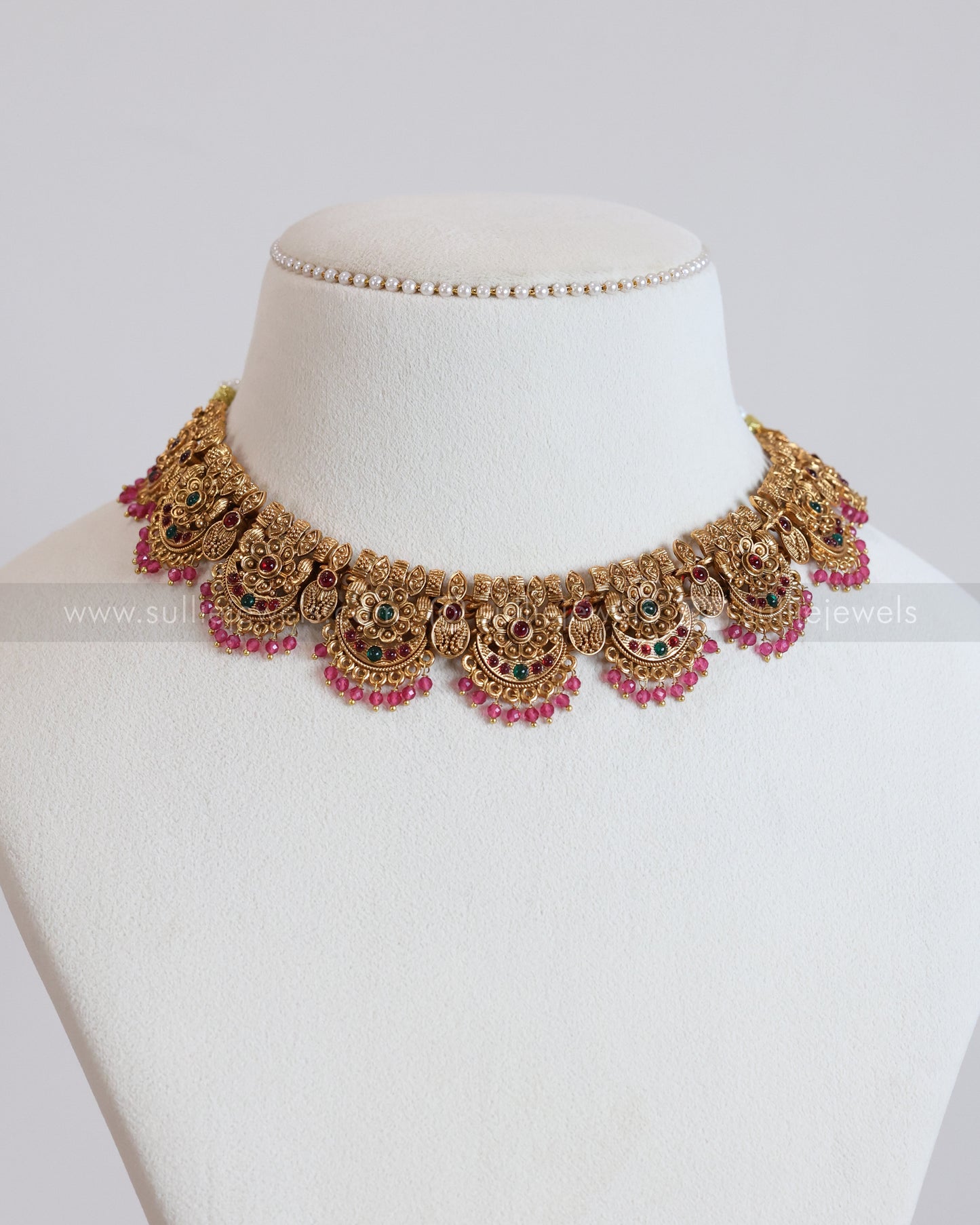 3823 - Sullie Basic - Floral Gold Broad Necklace with Jhumka - Ruby