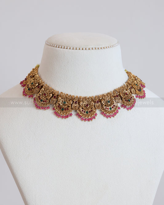 3823 - Sullie Basic - Floral Gold Broad Necklace with Jhumka - Ruby