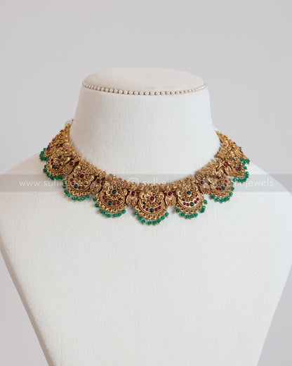3824 - Sullie Basic - Floral Gold Broad Necklace with Jhumka - Green