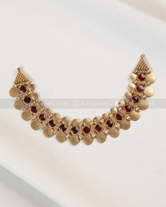 3841 - Sullie Basic - Red Stone Coin Necklace with Stud