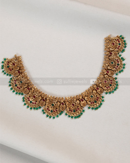 3824 - Sullie Basic - Floral Gold Broad Necklace with Jhumka - Green
