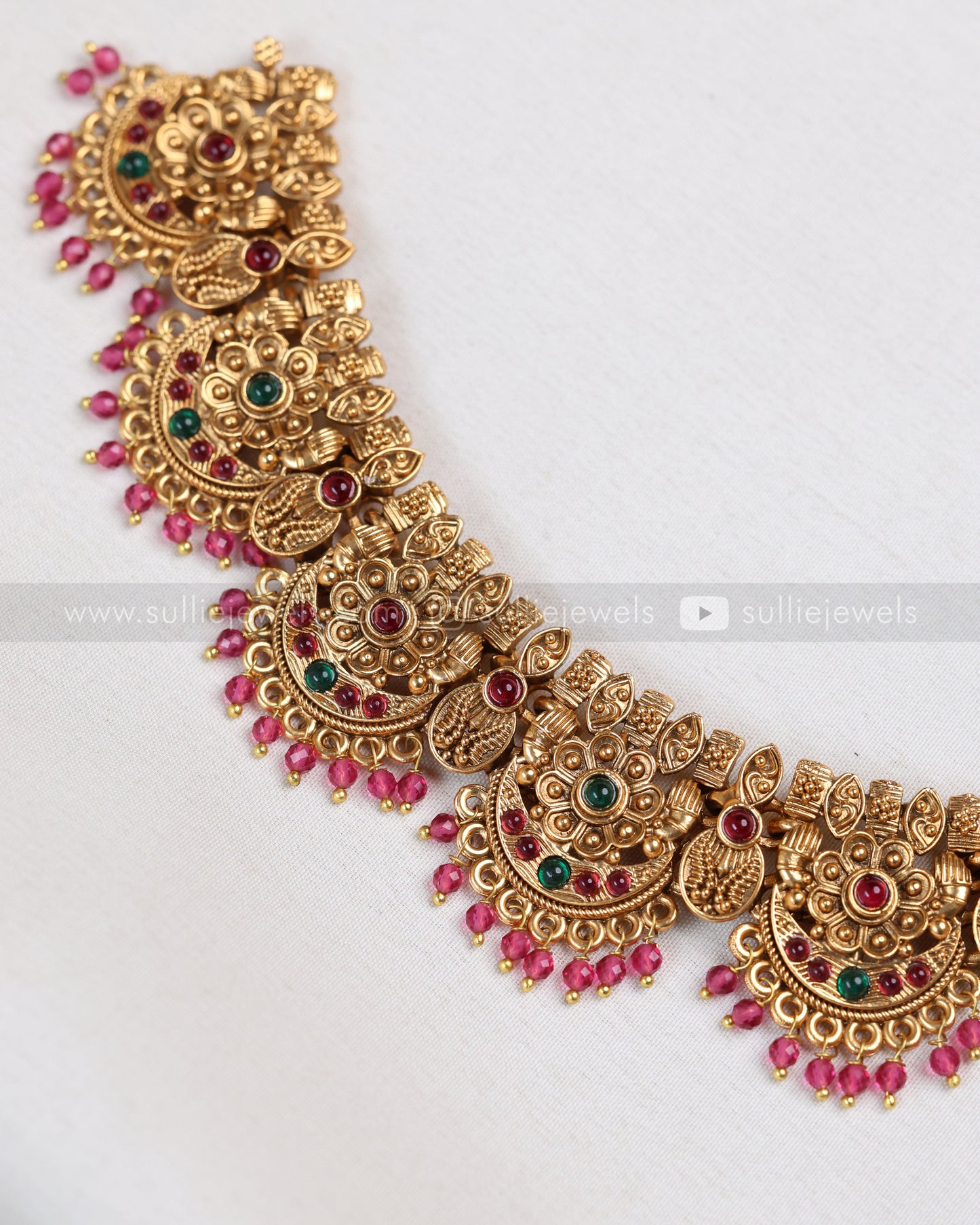 3823 - Sullie Basic - Floral Gold Broad Necklace with Jhumka - Ruby