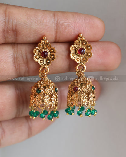 3824 - Sullie Basic - Floral Gold Broad Necklace with Jhumka - Green