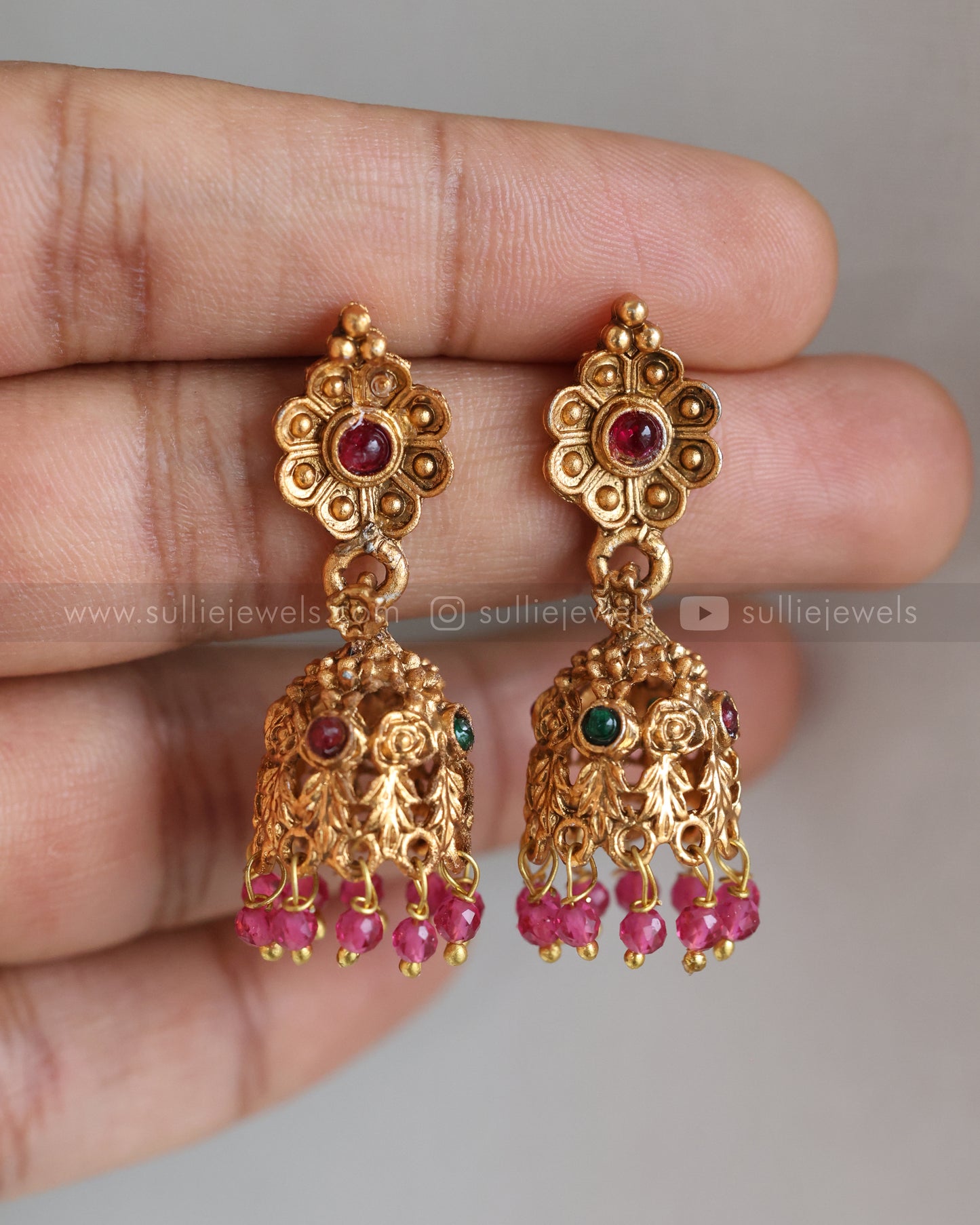 3823 - Sullie Basic - Floral Gold Broad Necklace with Jhumka - Ruby