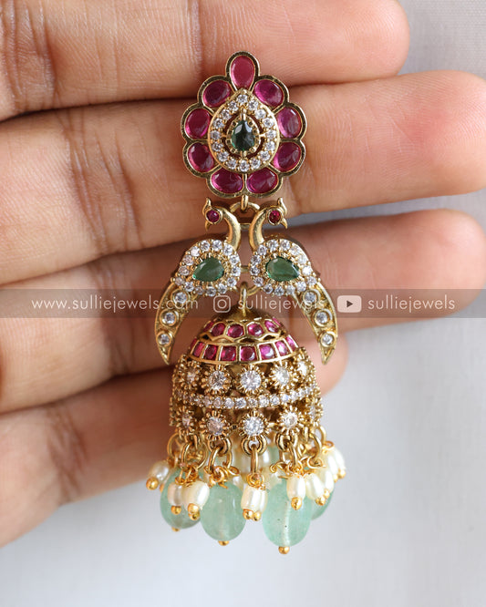 Peacock Kemp Ad Stone Jhumka with Mint Beads