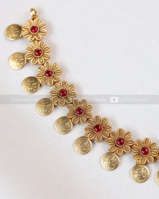 3847 - Minimal Flower Ruby Coin Necklace with Stud