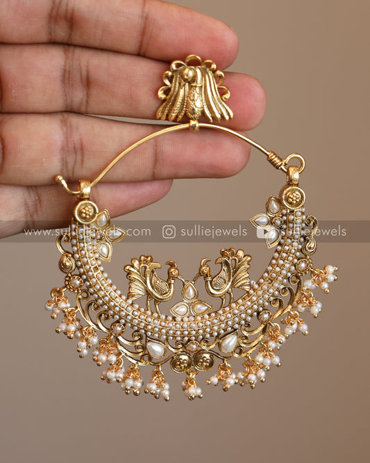 Peacock Chandbali Kemp Earrings - White & Multicolour