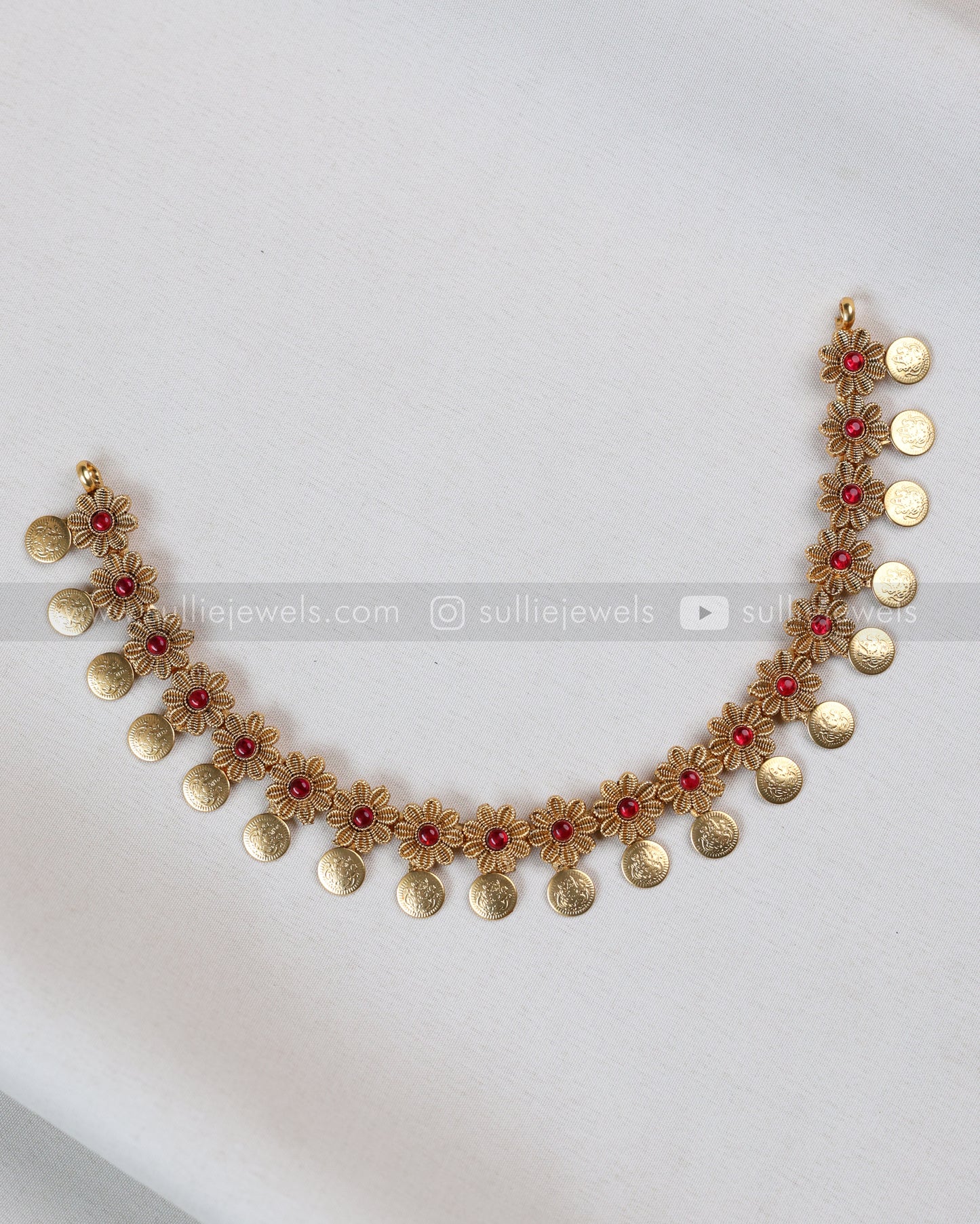 3847 - Minimal Flower Ruby Coin Necklace with Stud