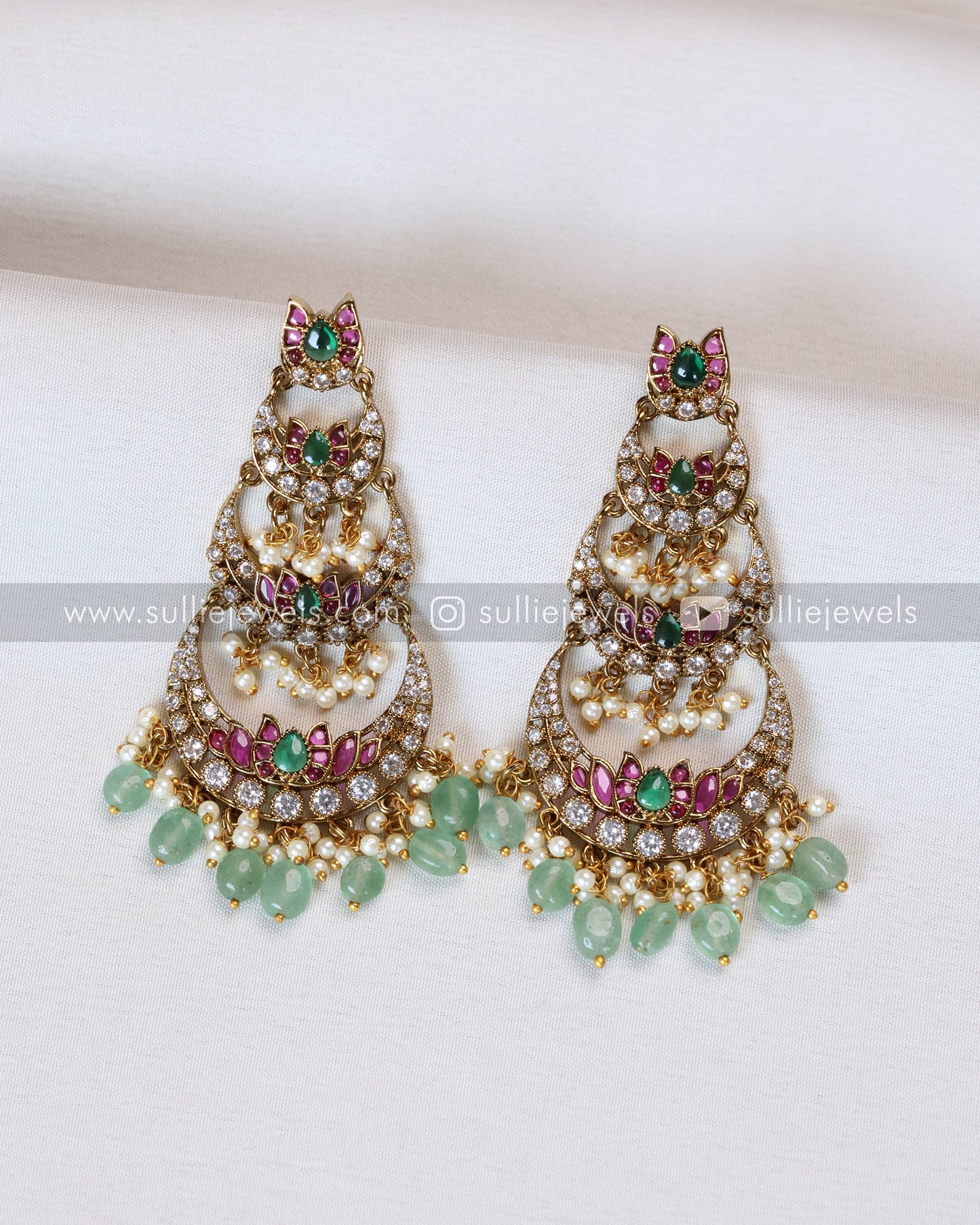 3 layer Kemp Chandbali Premium Earrings with Mint Beads