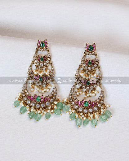 3 layer Kemp Chandbali Premium Earrings with Mint Beads