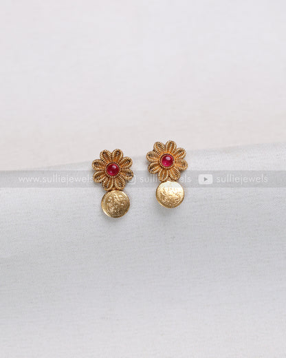 3847 - Minimal Flower Ruby Coin Necklace with Stud
