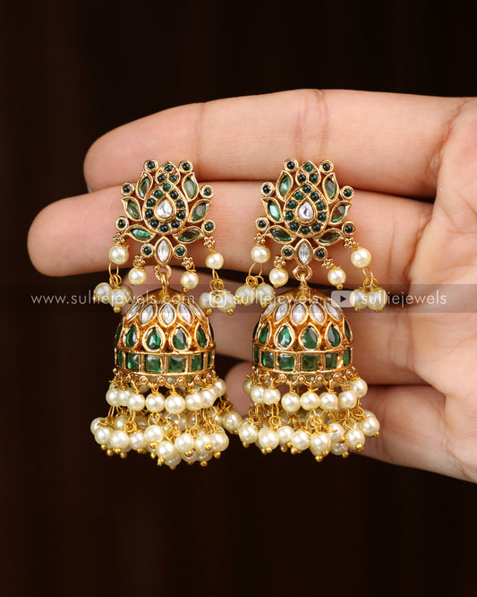 Green Kemp Lotus Jhumka with Pearl drops