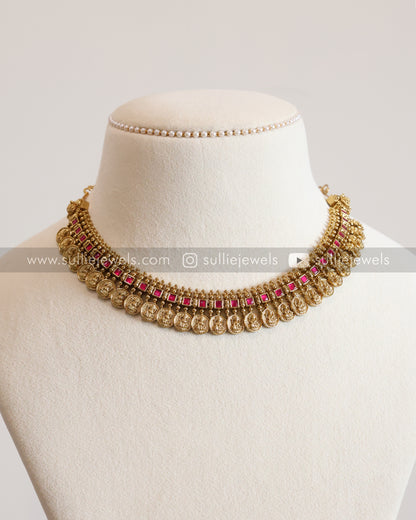 Pink Stone Coin Necklace with Gold Jhumka