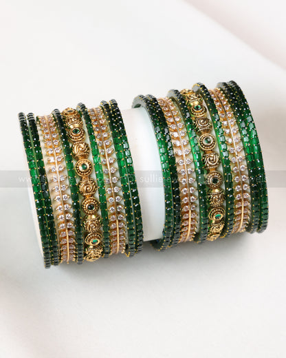 Green & Gold Bangle Combo - Set of 18 Bangles