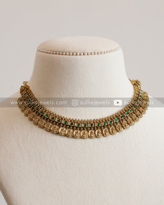Green Stone Coin Necklace with Gold Jhumka