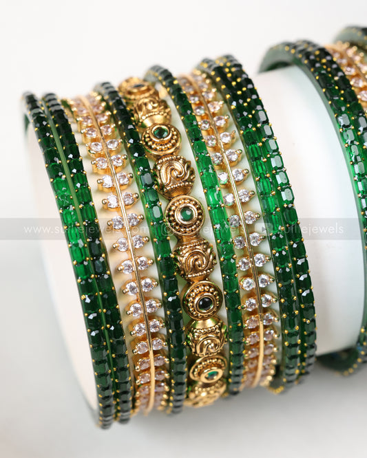Green & Gold Bangle Combo - Set of 18 Bangles