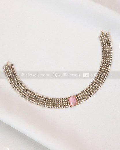 3835 - AD Pastel Pink Centre Stone Necklace with Stud