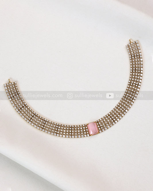 3835 - AD Pastel Pink Centre Stone Necklace with Stud