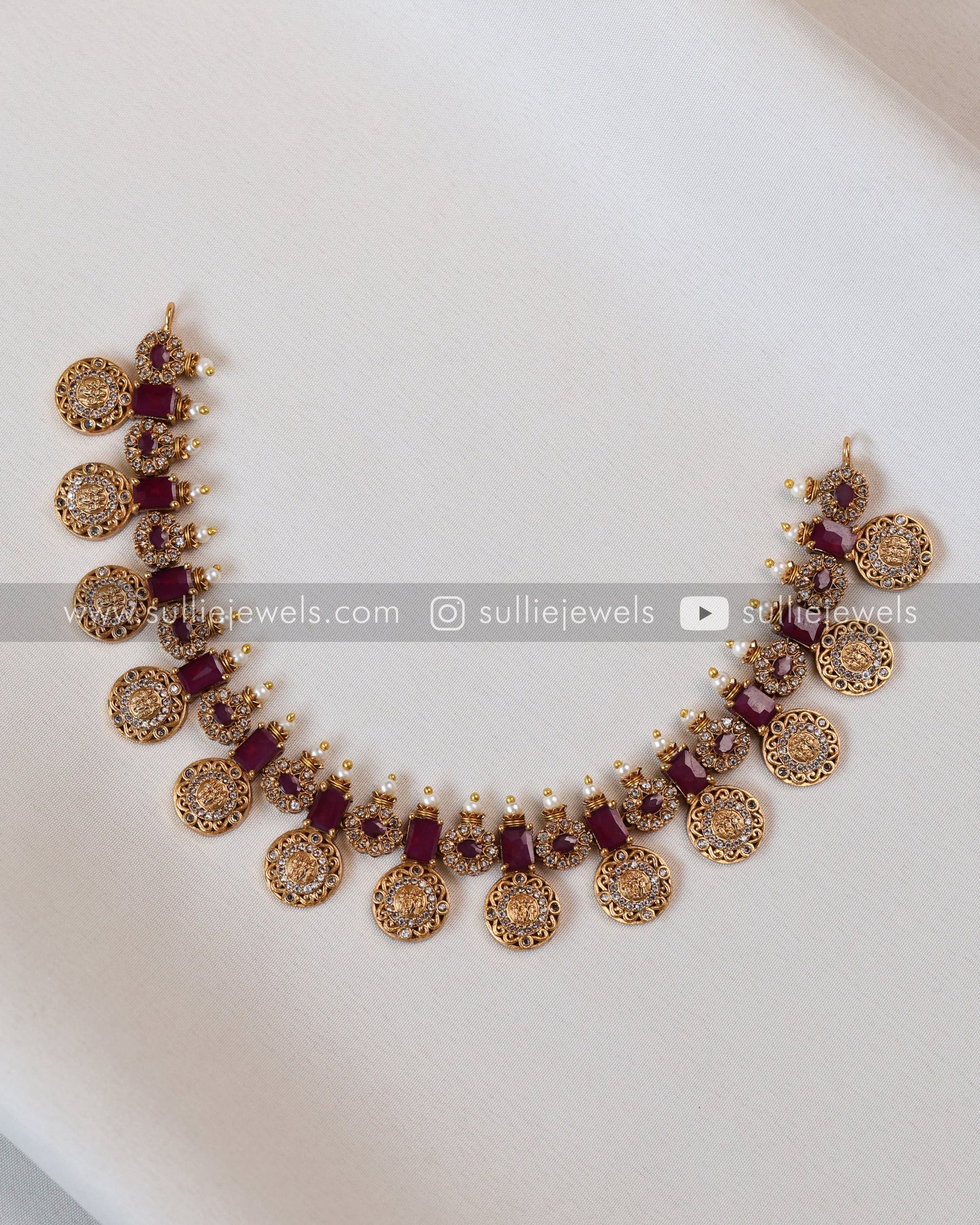 Coin Ram Parivar Necklace with Stud - Ruby / Pink