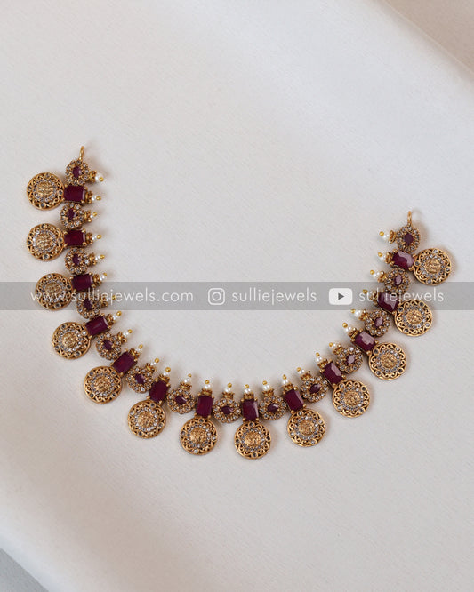 Coin Ram Parivar Necklace with Stud - Ruby / Pink
