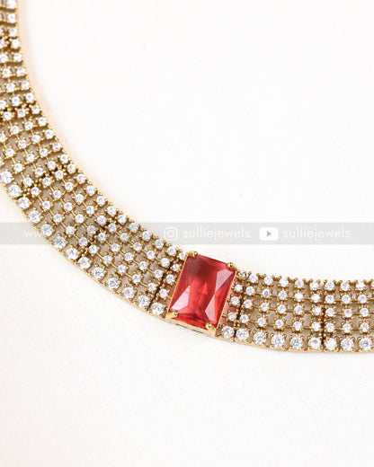3836 - AD Red Centre Stone Necklace with Stud