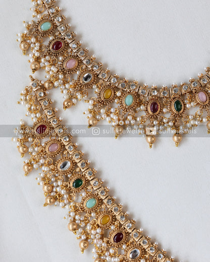 Sullie Basic - Multicolour Stone Guttapusalu Bridal Combo with Earring ( 3 piece )