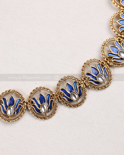 3825 - Sullie Basic Meenakari Blue Lotus Necklace with Stud