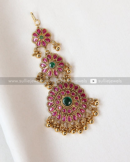 Ruby Floral Kemp Tikka with Gold Beads