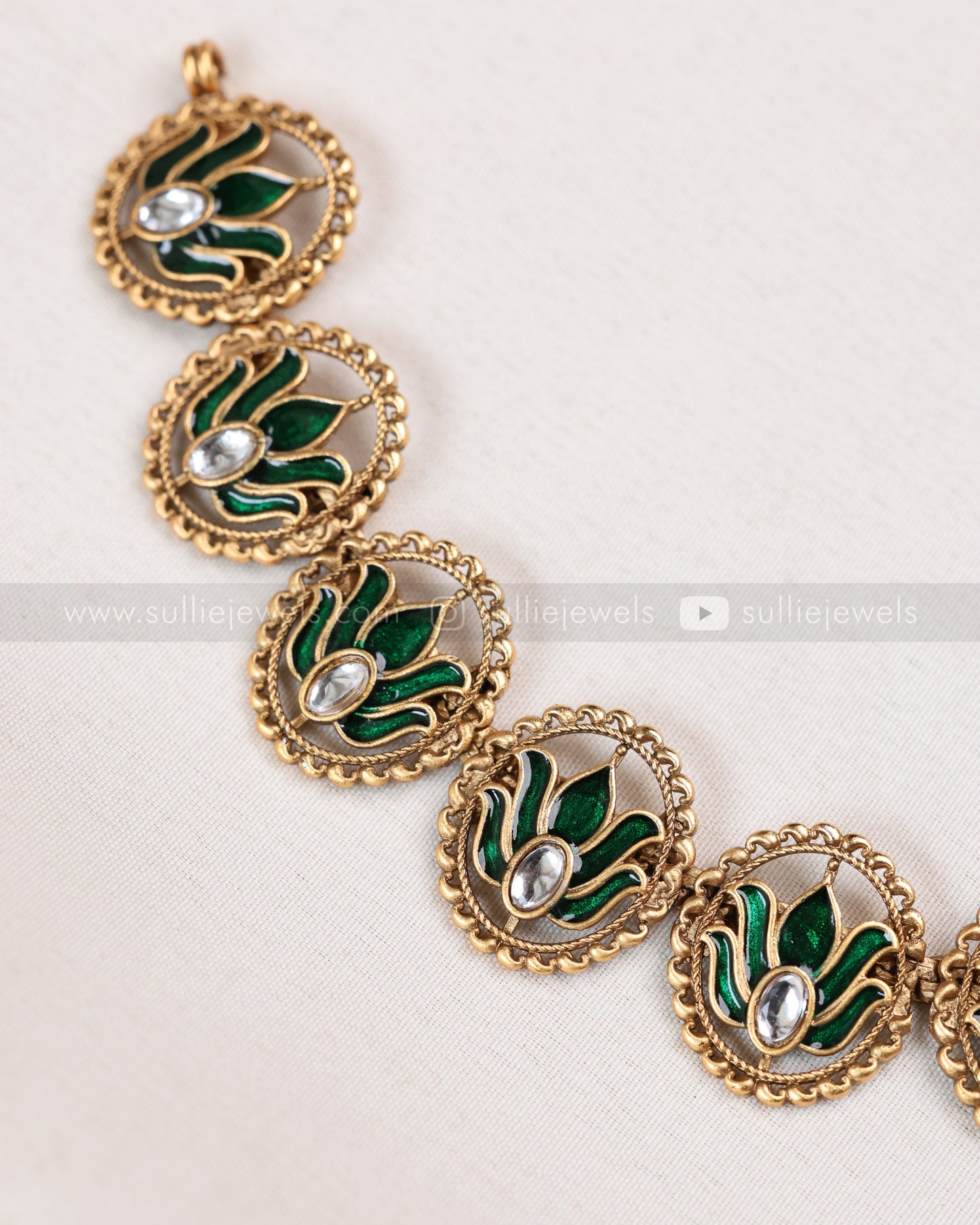 3849 - Sullie Basic Meenakari Green Lotus Necklace with Stud