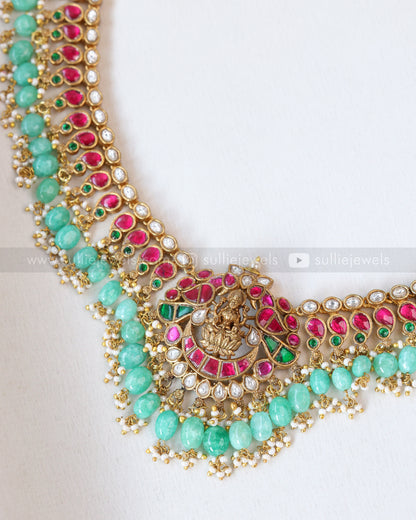 3648 - Jadau Kemp Lakshmi Premium Necklace with Mint Beads