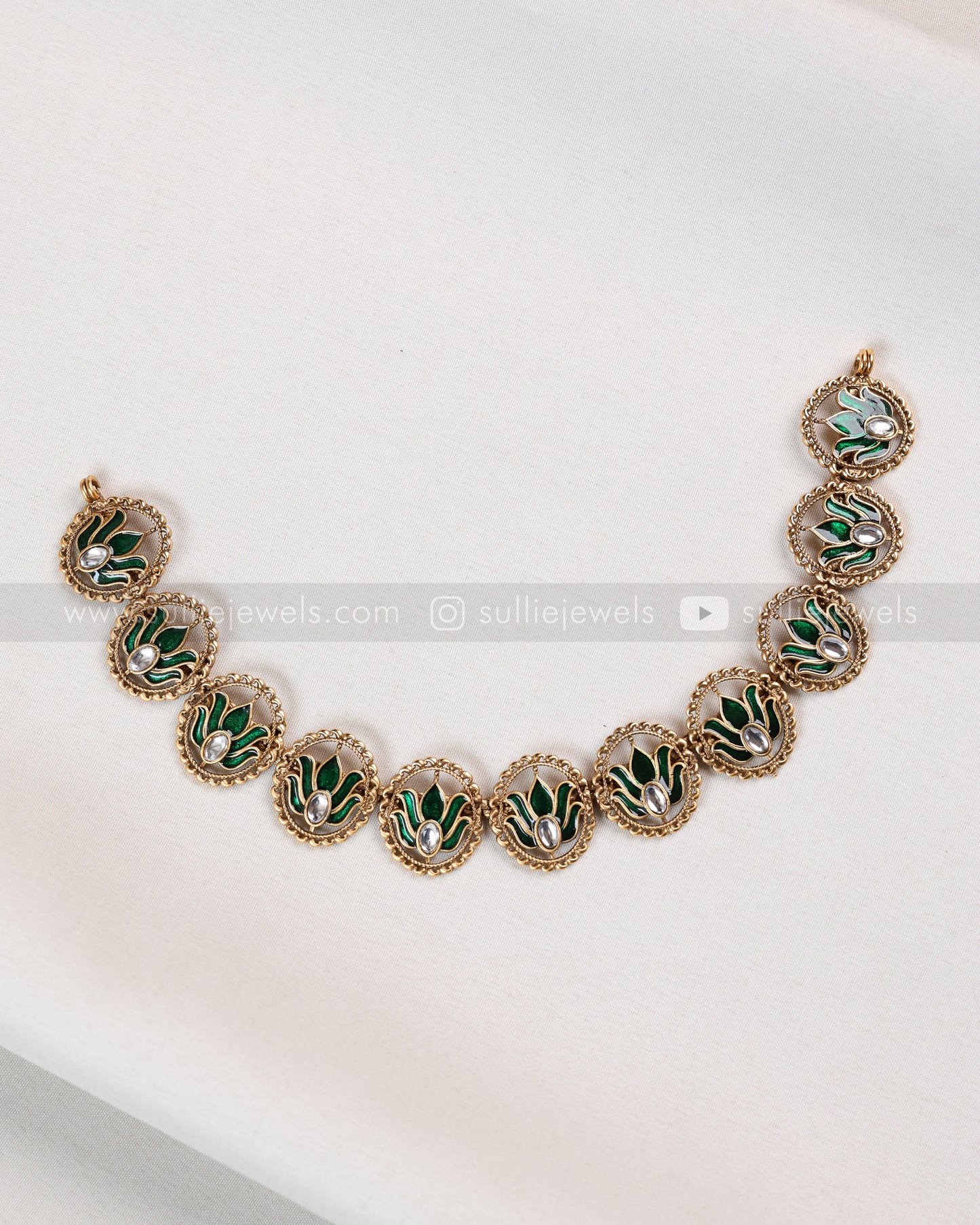 3849 - Sullie Basic Meenakari Green Lotus Necklace with Stud