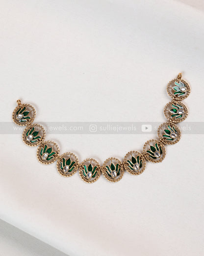 3849 - Sullie Basic Meenakari Green Lotus Necklace with Stud
