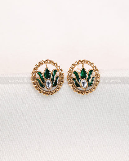 3849 - Sullie Basic Meenakari Green Lotus Necklace with Stud