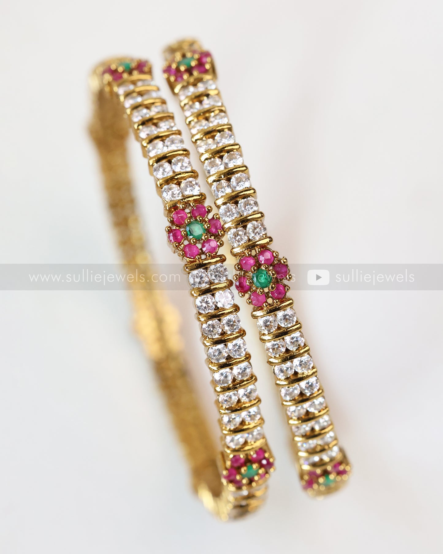 9029 - Ruby Flower White Stone Bangle - Set of 2