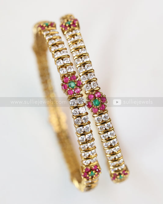 9029 - Ruby Flower White Stone Bangle - Set of 2