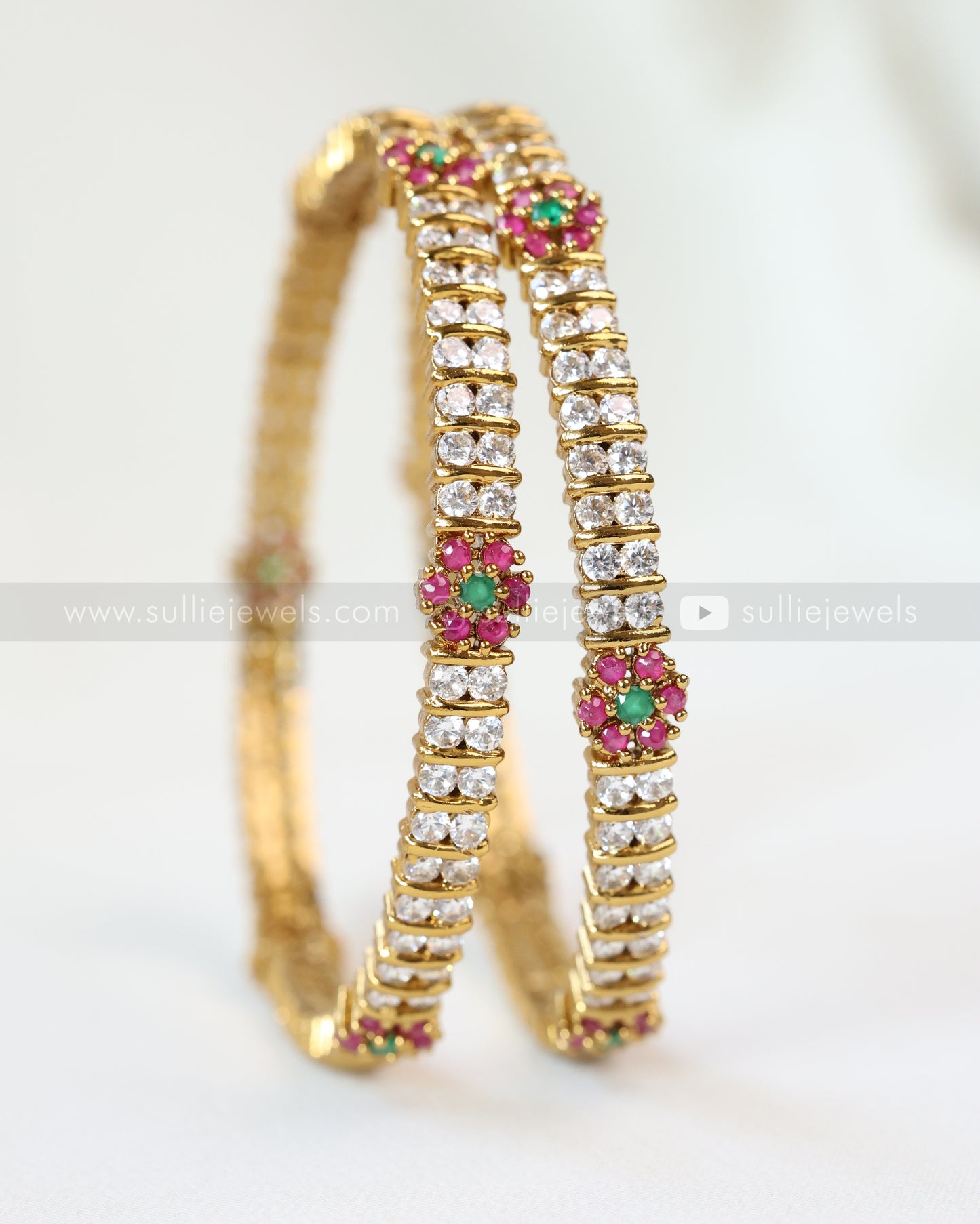 9029 - Ruby Flower White Stone Bangle - Set of 2