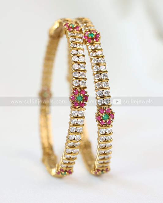 9029 - Ruby Flower White Stone Bangle - Set of 2