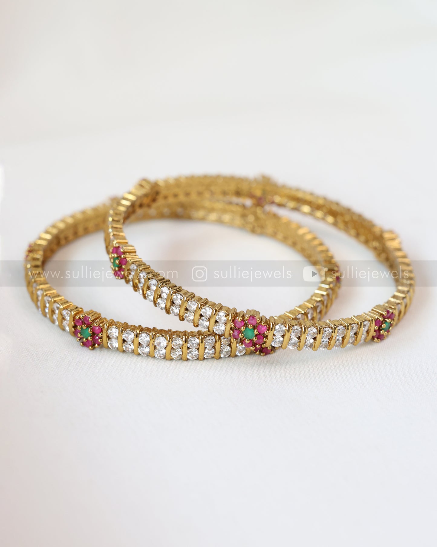9029 - Ruby Flower White Stone Bangle - Set of 2